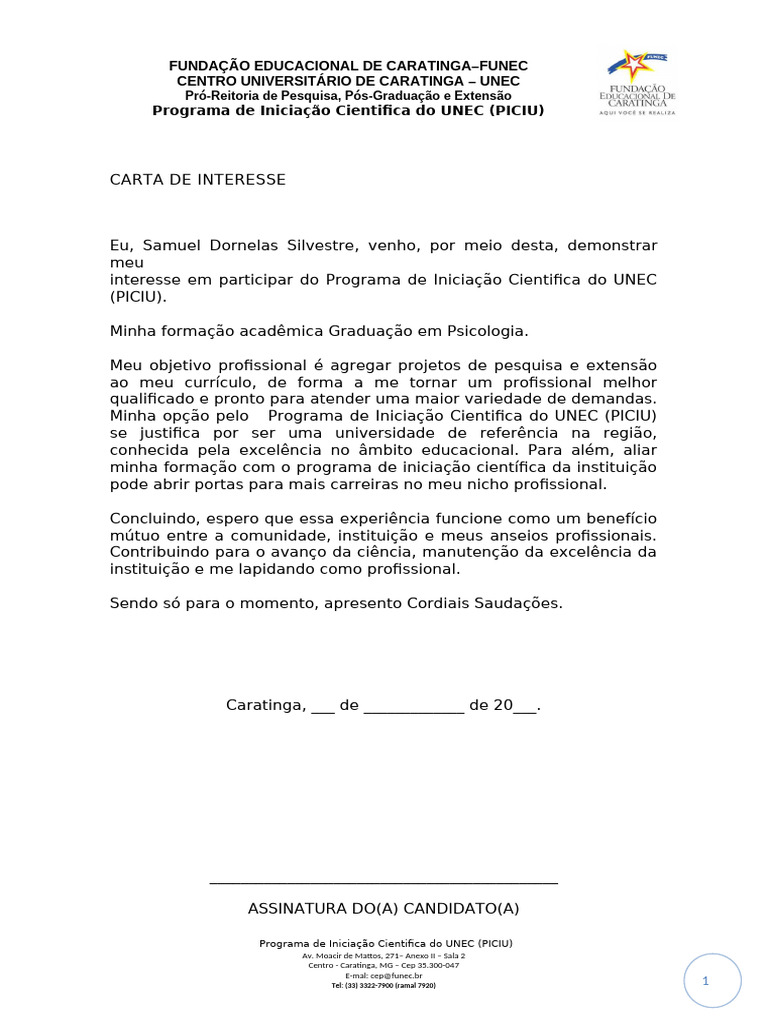 Carta de Interesse Piciu | PDF
