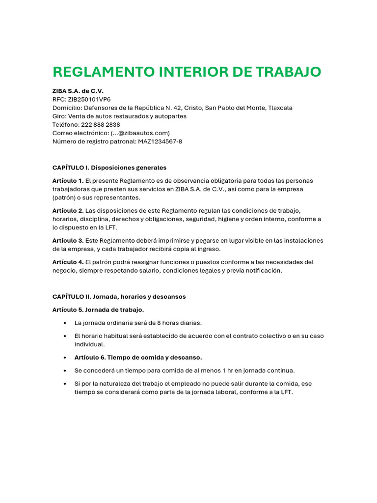 Reglamento Interior de Trabajo Ziba | PDF | Regulación | Justicia
