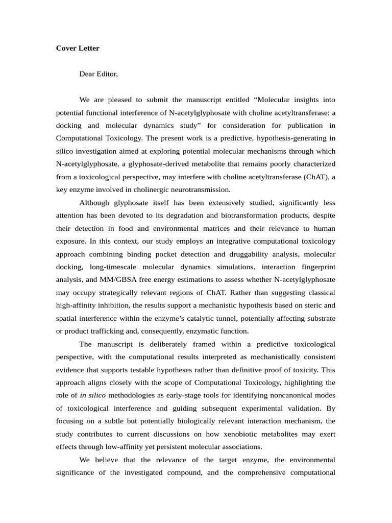Cover Letter | PDF | Toxicology | Docking (Molecular)