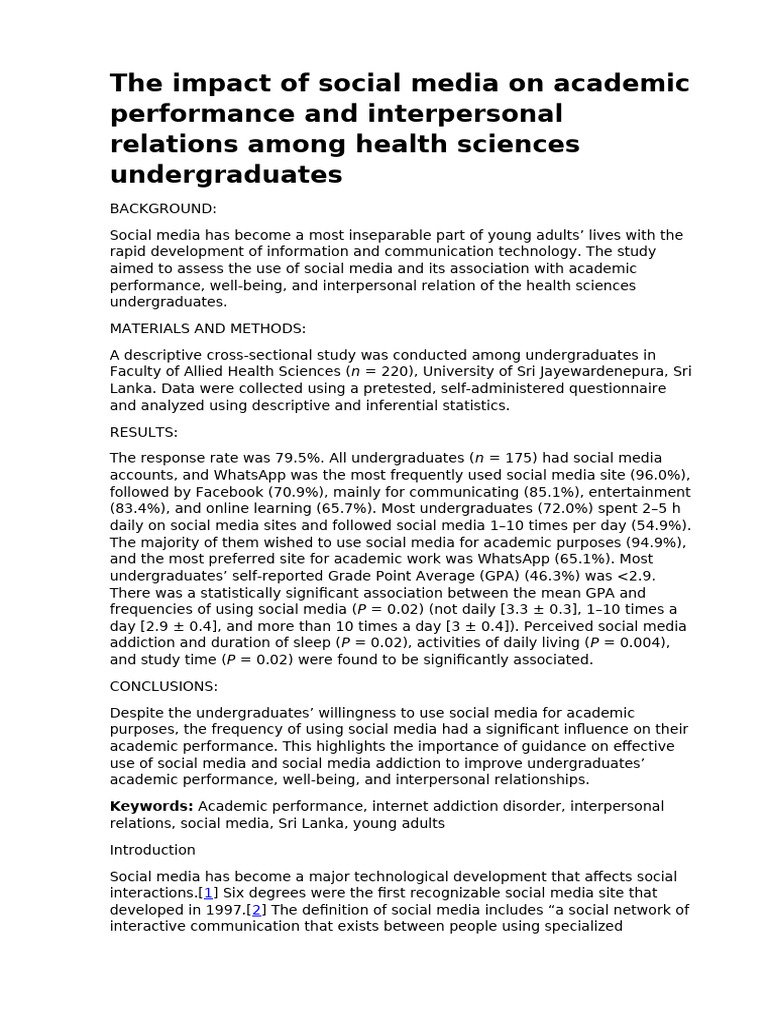 The Impact of Social Media On Academic Performance and Interpersonal ...