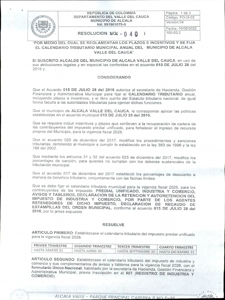 Calendario Tributario Resolucion 040 | PDF | Impuestos | Gobierno