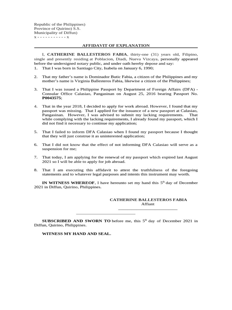Affidavit of Explanation - Catherine b Fabia | PDF