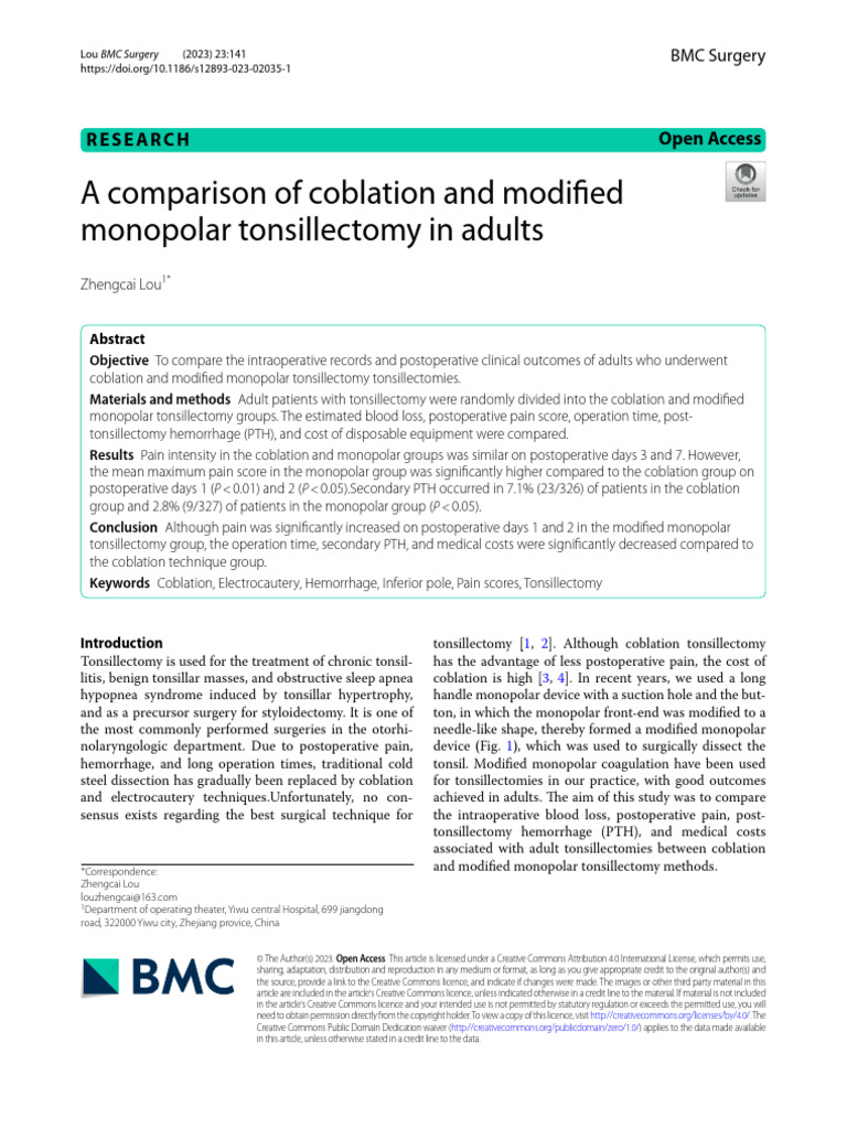A Comparison of Coblation and Modified Monopolar Tonsillectomy in ...
