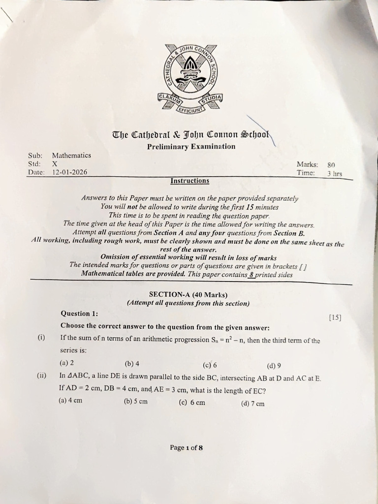Cathedral Maths Prelim 202620 Jan 2026 | PDF | Circle | Matrix ...