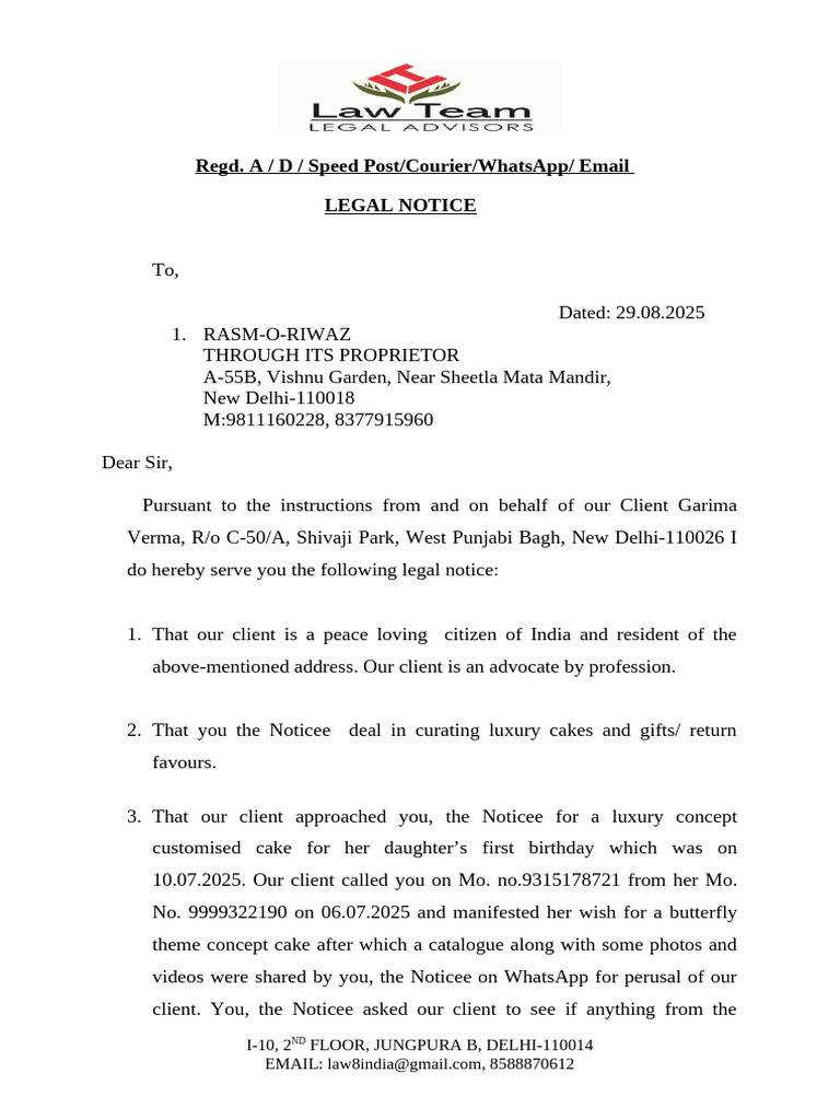 Legal Notice Rasm O Riwaz | PDF