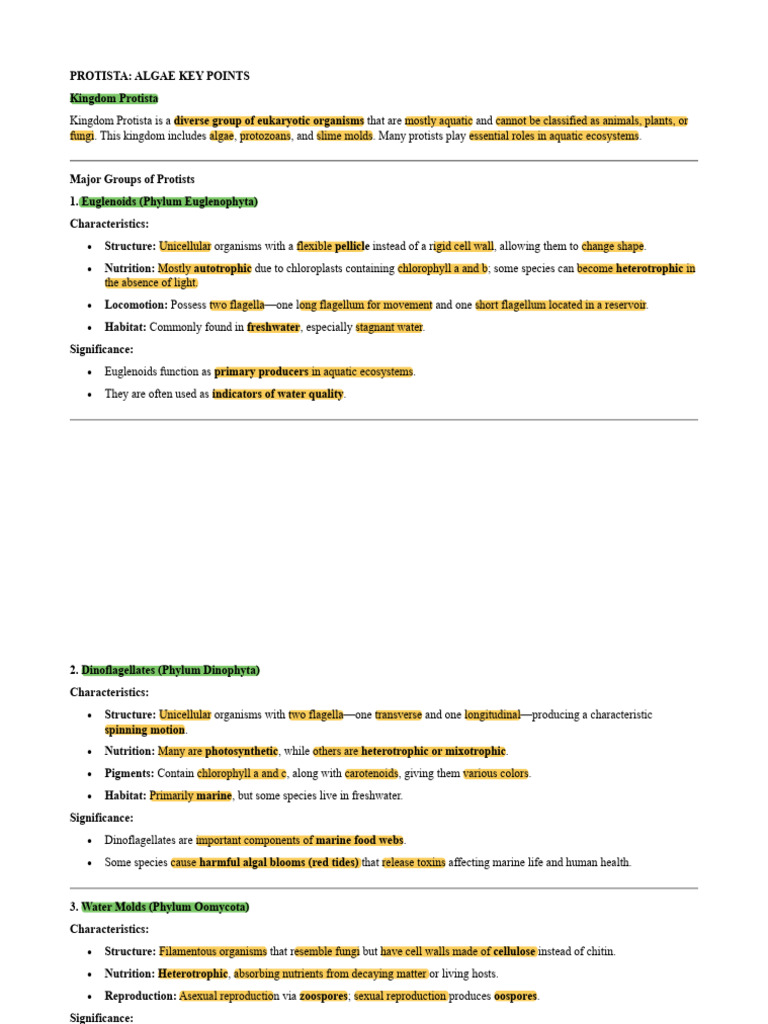 Protista Algae Key Points | PDF | Algae | Protozoa