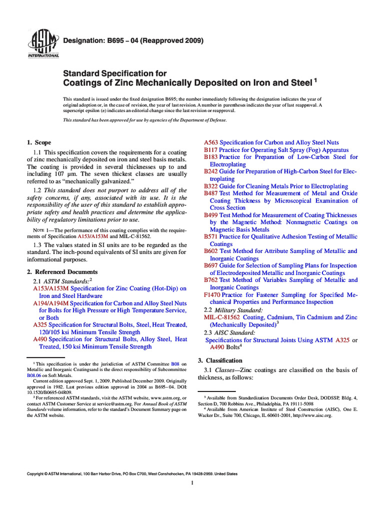 ASTM B695-04-Coating of ZInc Mechanically Deposited On Iron and Steel ...