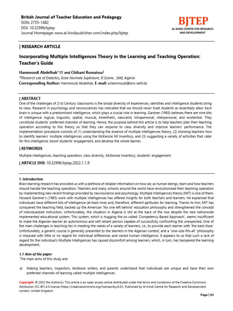 Incorporating Multiple Intelligences Theoryinthe Learningand Teaching ...