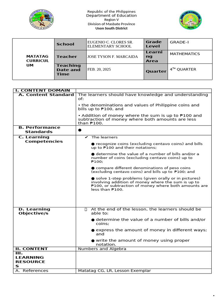 Ecp Lesson Plan | PDF | Learning | Coins