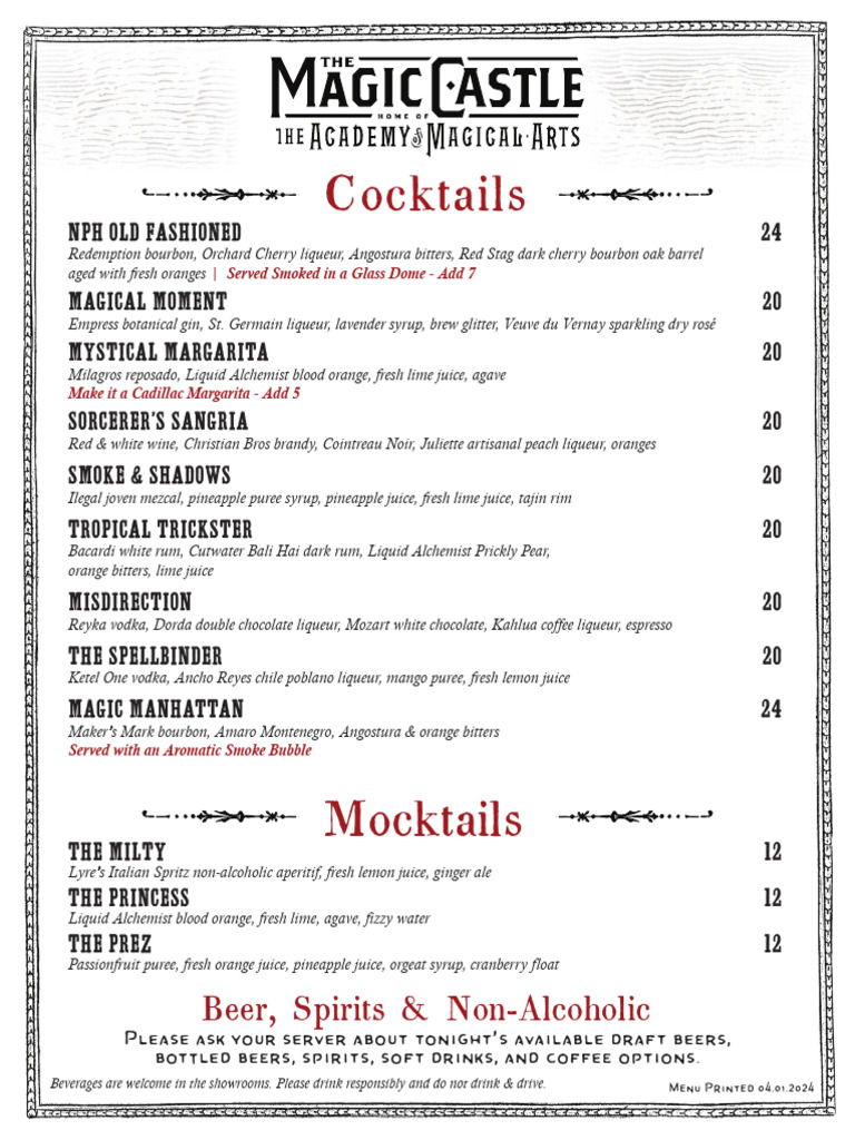 Magic Castle Dinner Menu | PDF | Sauce | Champagne