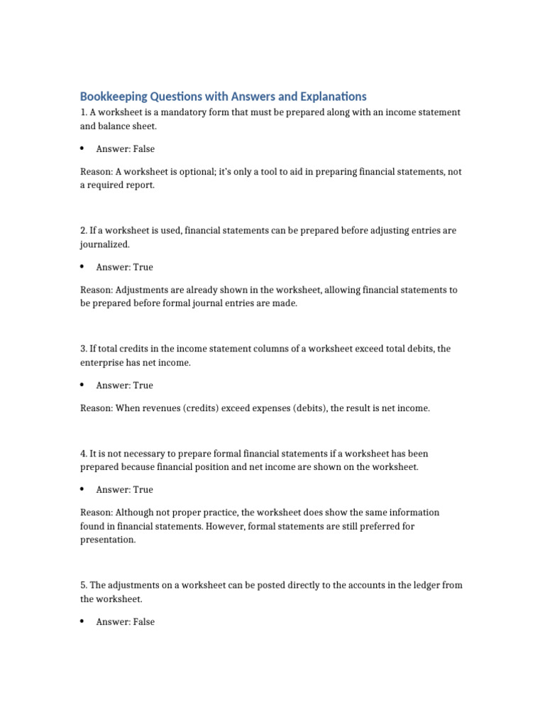 Bookkeeping Questions With Answers | PDF | Debits And Credits | Bookkeeping
