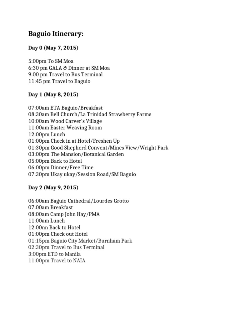 Baguio Itinerary | PDF
