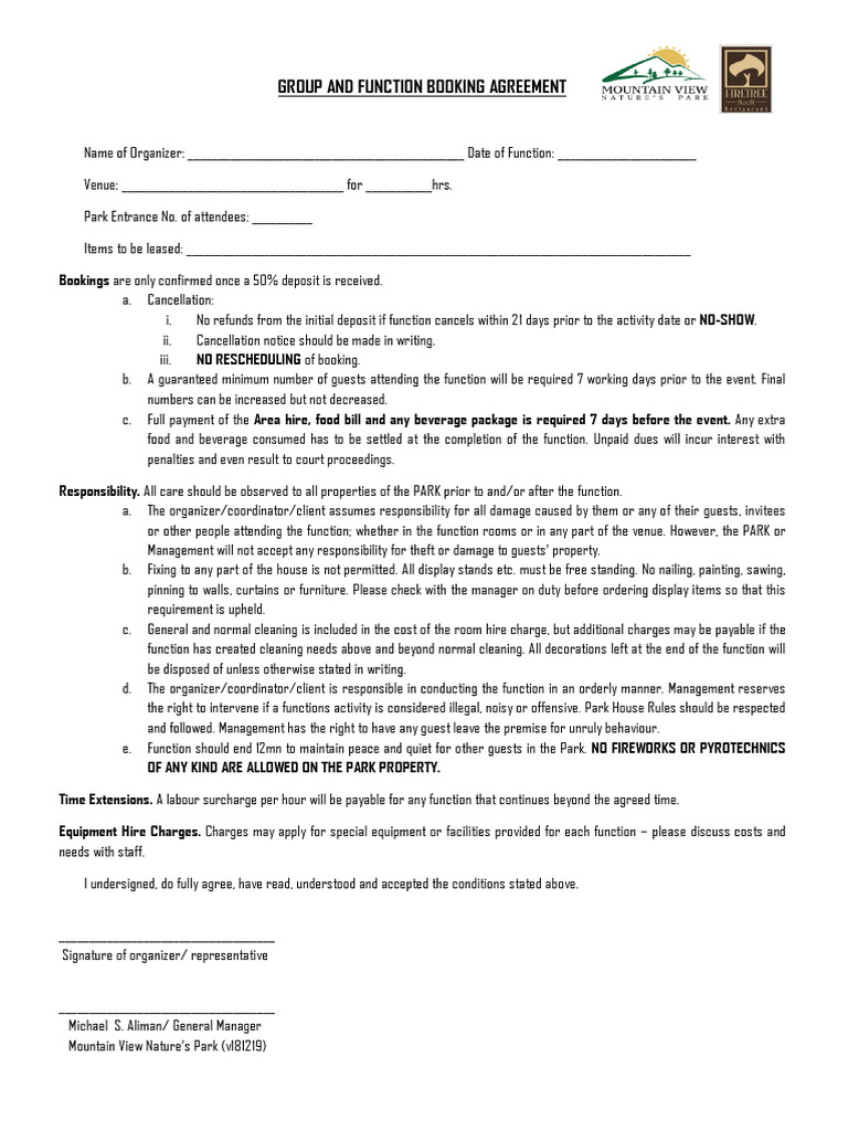 Group and Function Booking Agreement Whole 121718 2 1 1 | PDF