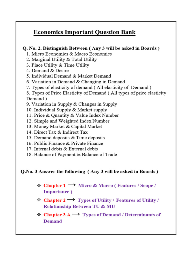 Economics Important Question Bank | PDF | Demand | Supply (Economics)