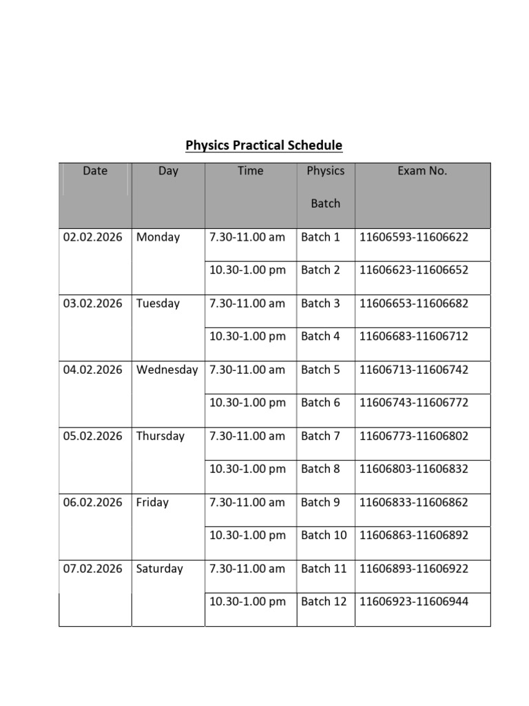 Physics Practical Examination Schedule | PDF