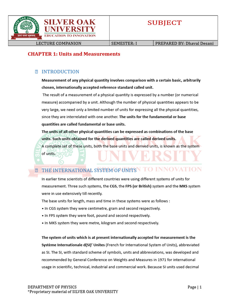 UNIT 1 - Units & Measurements | PDF | Euclidean Vector | International ...
