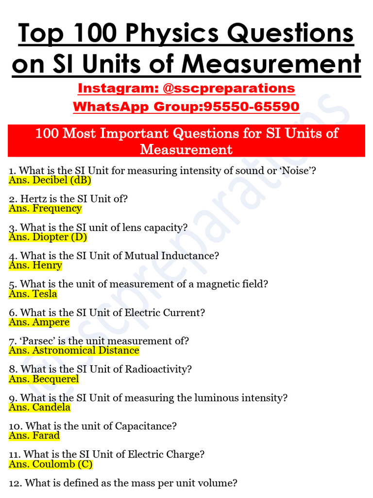 Static GK Topic 51 - Top 100 Physics Questions On Units and Measurement ...