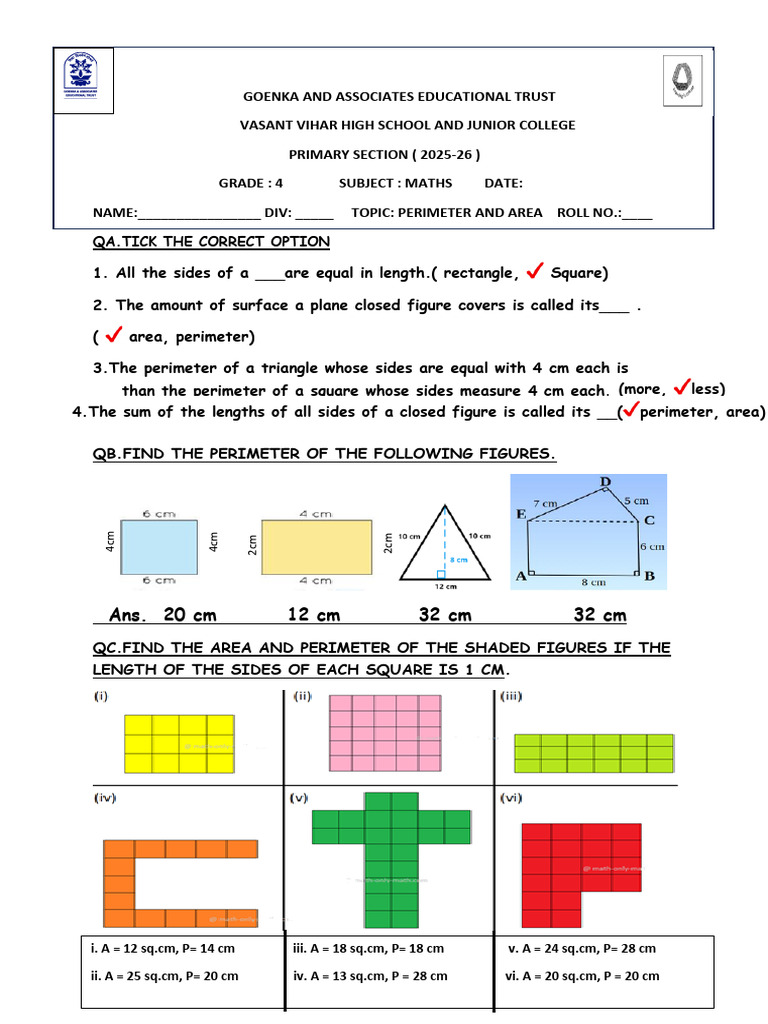 Perimeter and Area Answer Key | PDF | Geometry | Distance