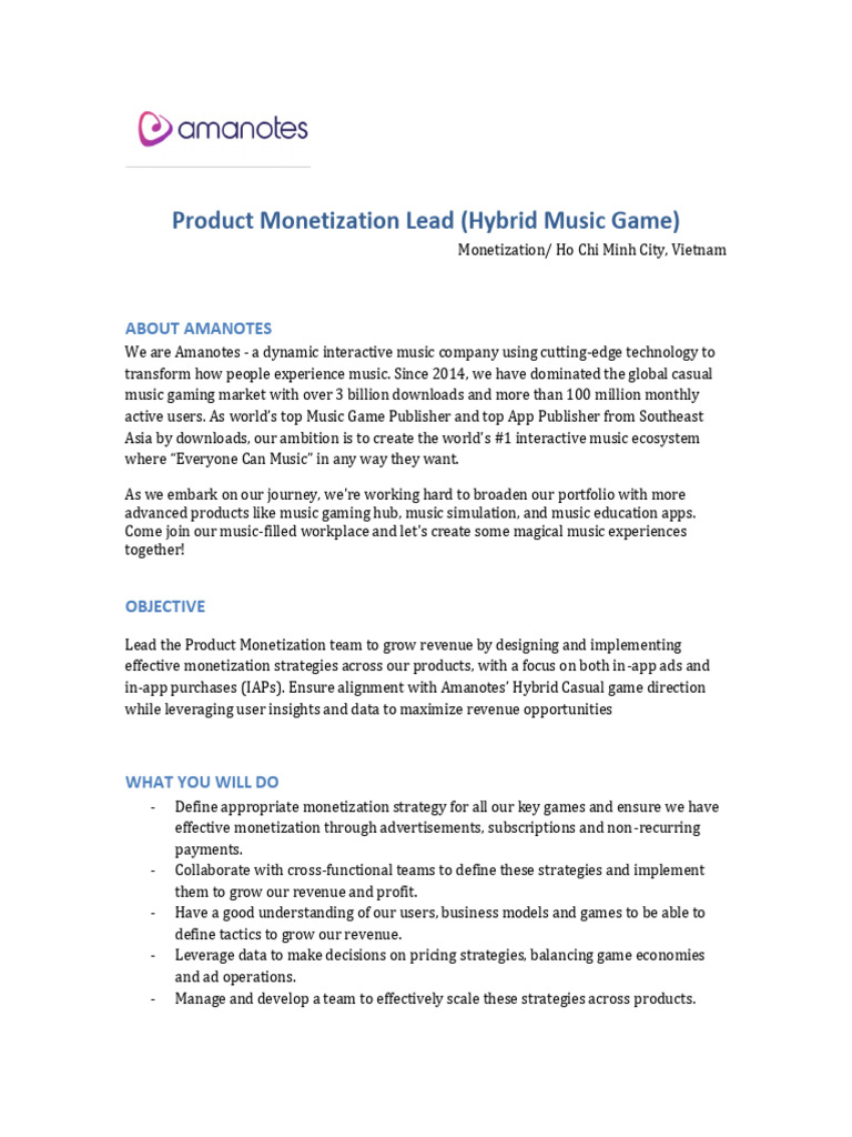 Amanotes - Product Monetization Lead | PDF | Business | Economies