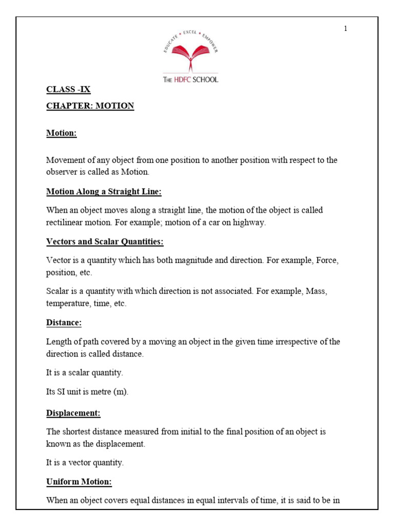 CH 1 Motion Revision Notes #1 | PDF | Acceleration | Velocity