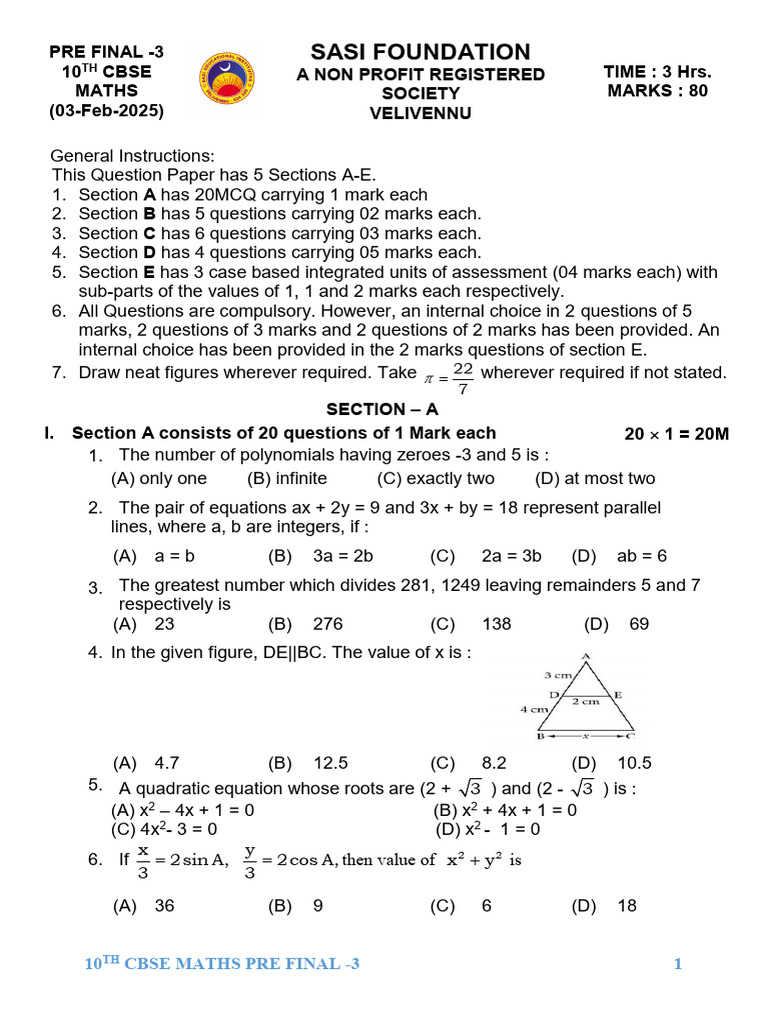 10th Cbse Maths Pre Final -3 (03!02!2025) | PDF | Circle | Sphere