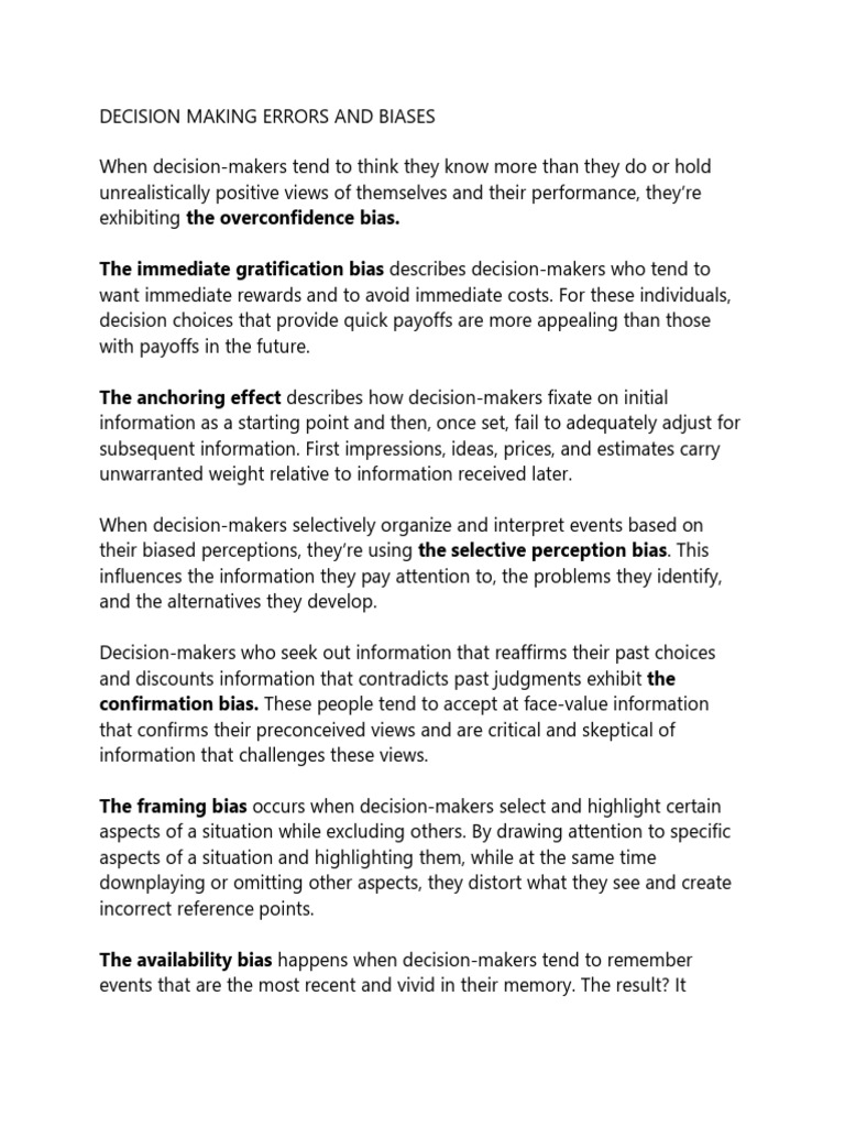 Errors and Biases in Decision Making | PDF | Bias | Decision Making