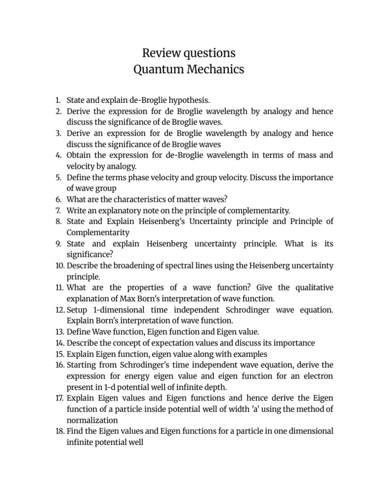 Question Bank - Quantum Mechanics | PDF | Wave Function | Waves