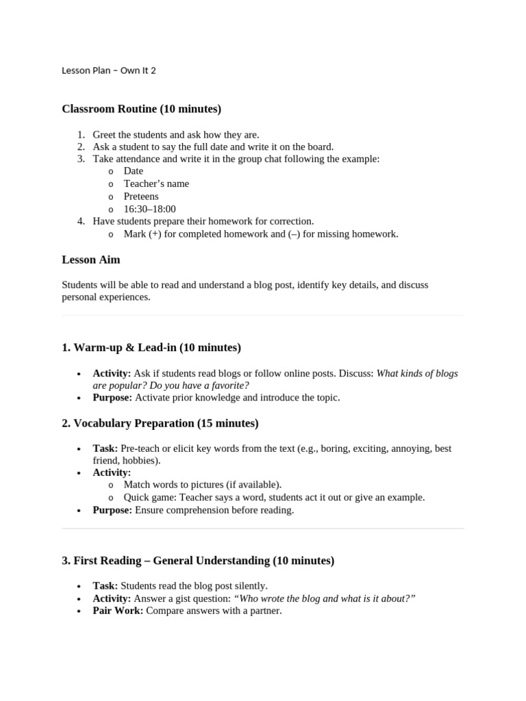 Lesson Plan Own It 2 (16!30!18-00) | PDF | Reading Comprehension | Learning