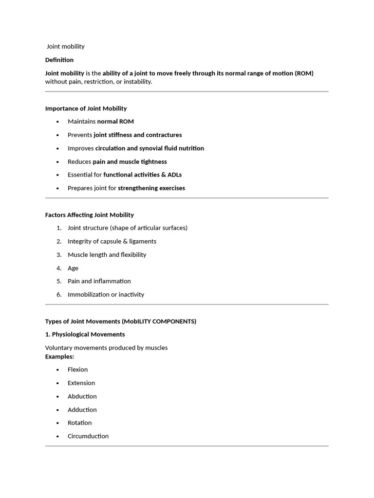 Joint Mobility | PDF | Joint | Anatomical Terms Of Motion