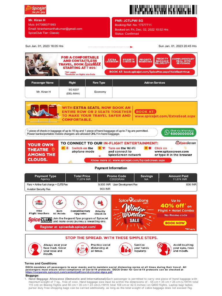 SpiceJet E-Ticket 28 Dec 2022 Delhi-Chennai Self | PDF | Travel Visa ...