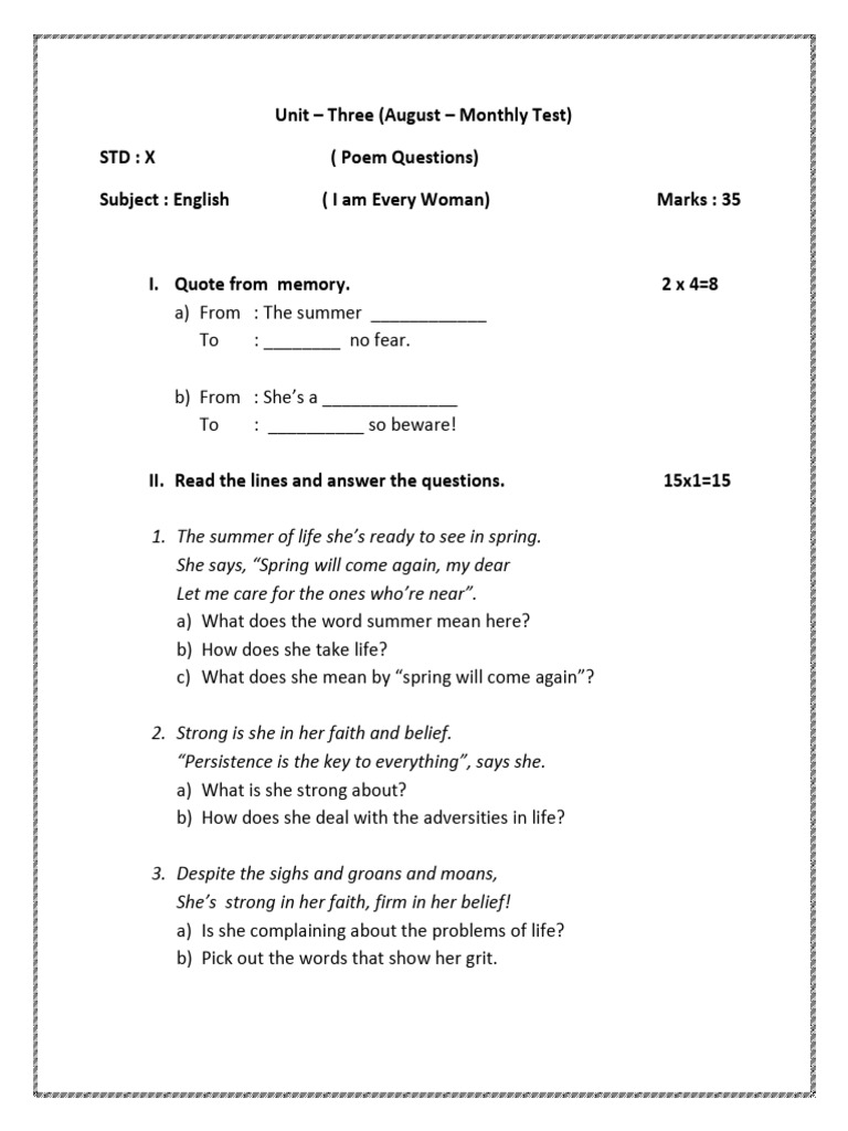 Namma Kalvi 10th English Unit - III Poem Test Question Paper 214867 ...