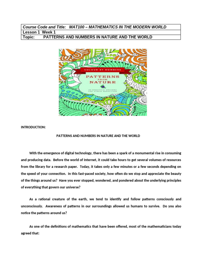 MMW LESSON 1 WEEK 1 Patterns and Numbers in Nature and The World | PDF ...