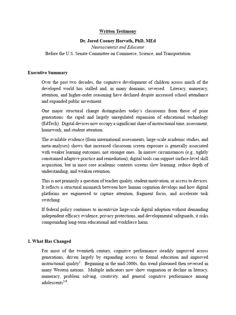 Horvath - Written Testimony | PDF | Effect Size | Educational Technology