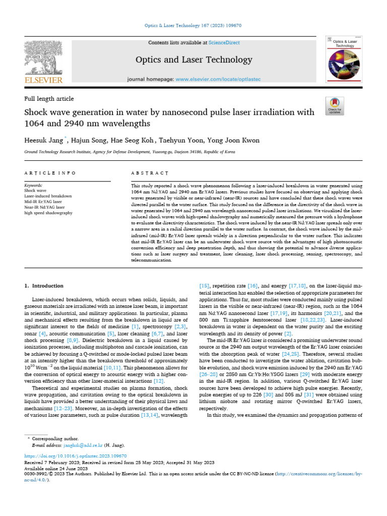Shock Wave Generation in Water by Nanosecond Pulse Laser Irradiation ...