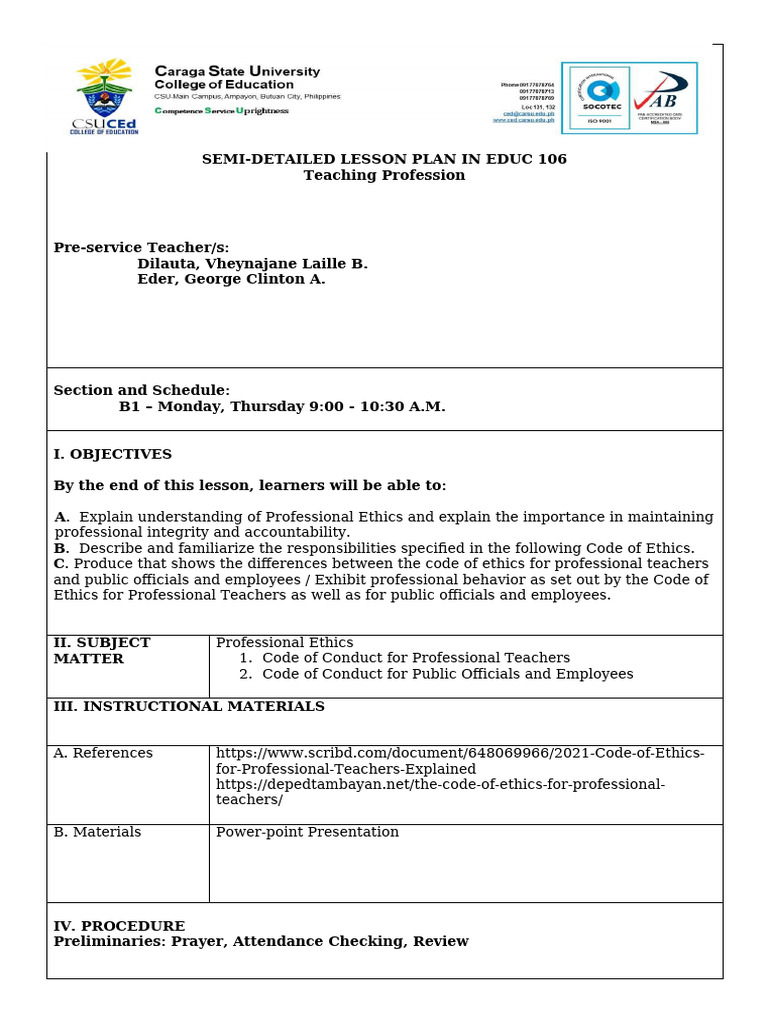 Eder and Dilauta EDUC 106 Lesson Plan | PDF | Teachers | Critical Thinking