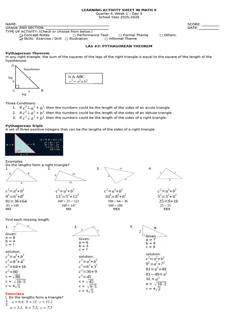 Q4 WK1 Las3 Phytagorean Theorem | PDF | Number Theory | Triangle Geometry