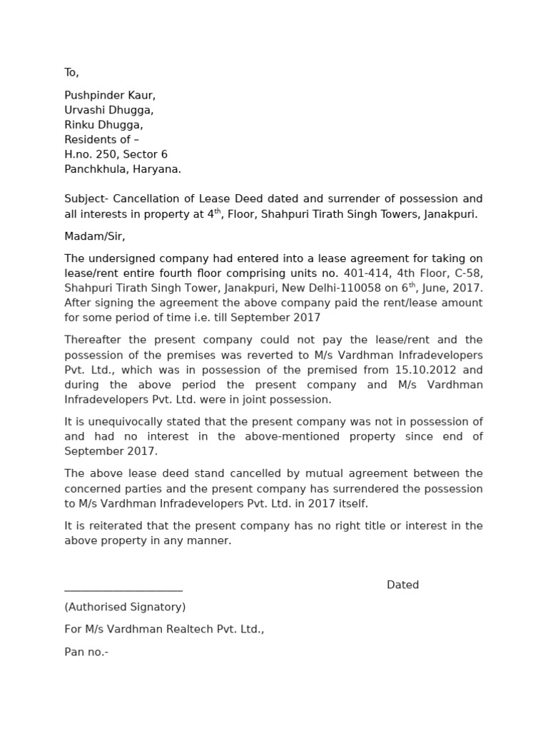 Vardhman Realtech Surrender Letter | PDF