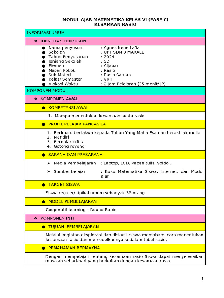 Modul Ajar Rasio Satuan | PDF