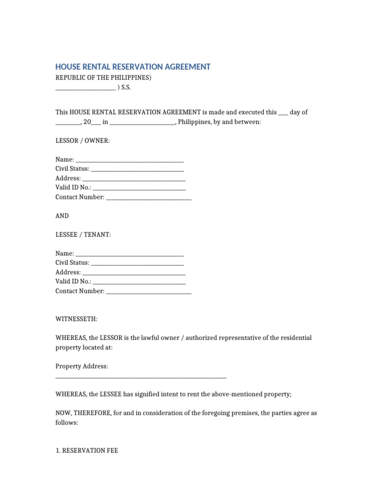 Philippines House Rental Reservation Agreement | PDF | Lease | Business Law