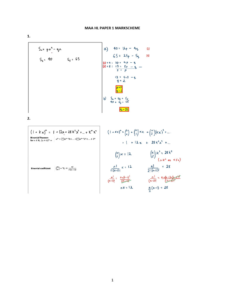 DP 1 Maa HL Paper 1 Markscheme | PDF