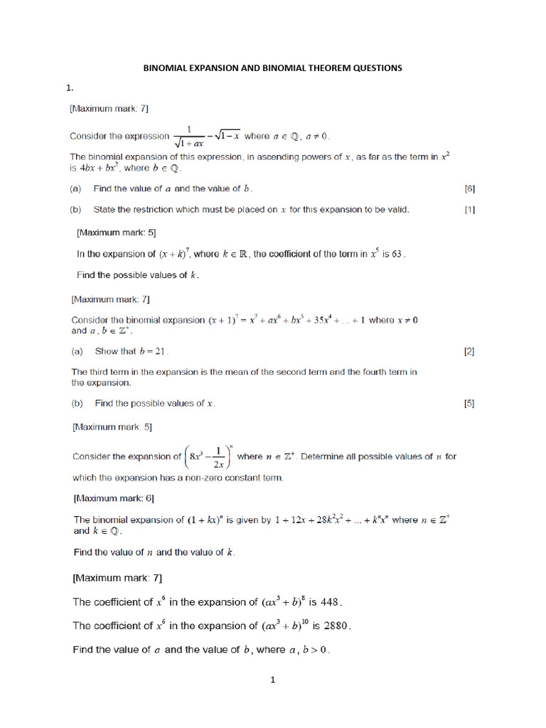 Binomial Expansion and Binomial Theorem Questions | PDF