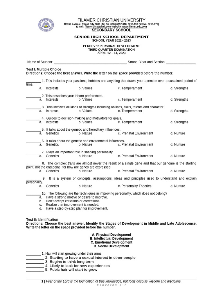 PERDEV 3rd Quarter Exam | PDF | Genetics | Adolescence