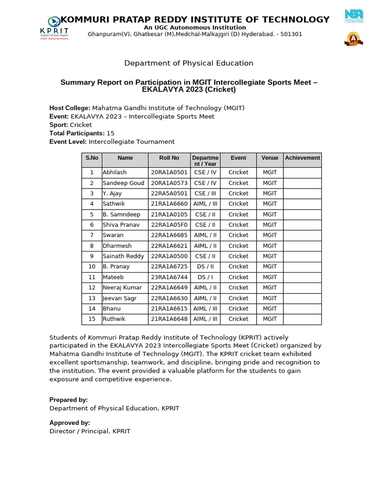 Kprit Student Participation Report | PDF