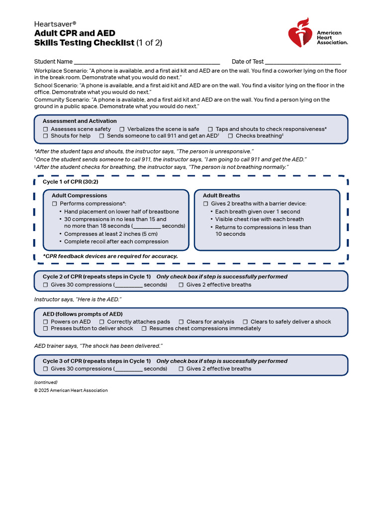 Heartsaver Adult CPR and AED Skills Sheet | PDF | Cardiopulmonary ...