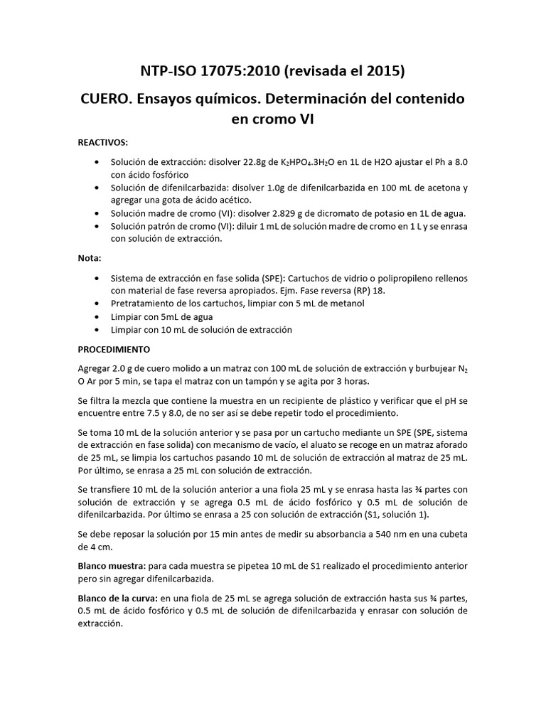 NTP-IsO 17075.2010 (Revisada El 2015) CUERO. Ensayos Químicos ...