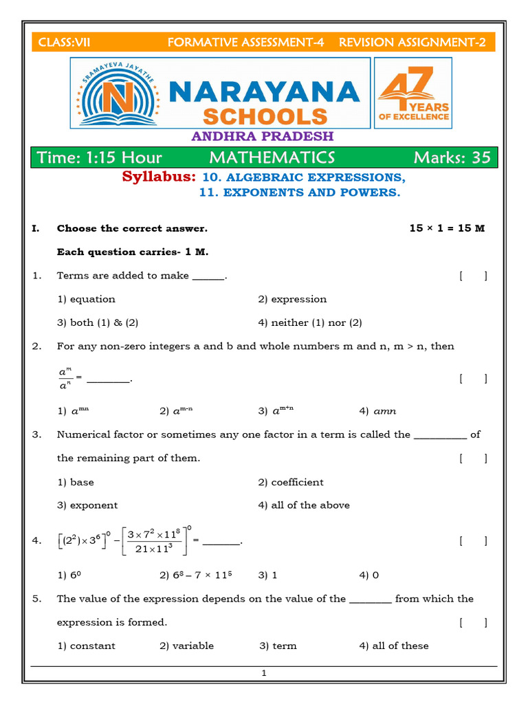 AP Ssc-Vii Maths Formative Assessment-4 Revision Assignment-2 | PDF ...