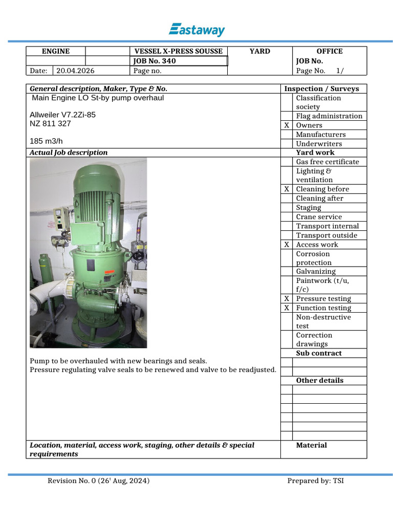 JOB No. 340 - Main Engine LO St-By Pump Overhaul | PDF | Pump | Gases