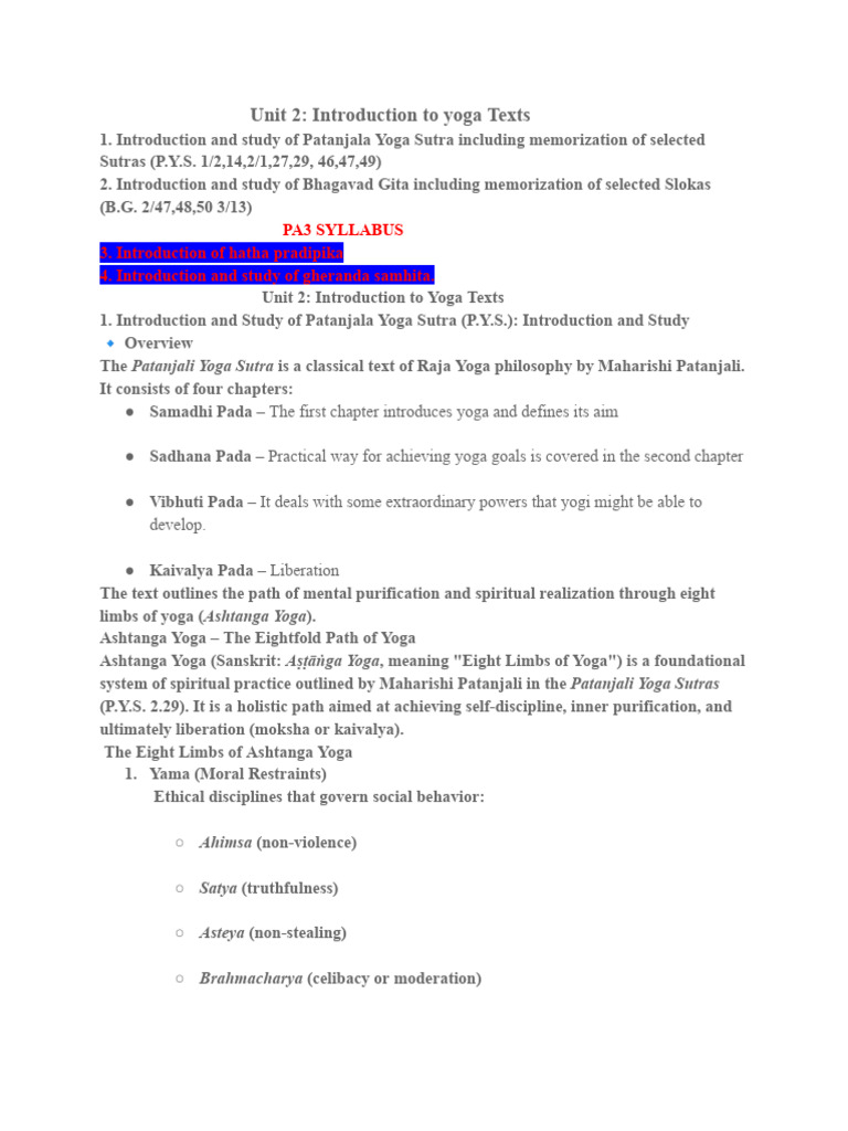 Unit 2 - Introduction To Yoga Texts | PDF | Yoga | Hatha Yoga