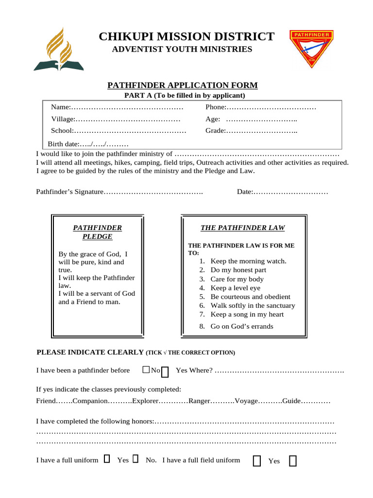 Pathfinder Application Form CHIKUPI 2026 | PDF | Clothing