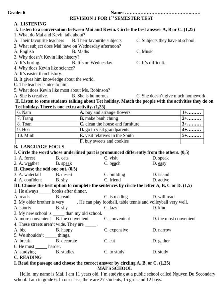 Final Test - Grade 6 - Đề 1 | PDF